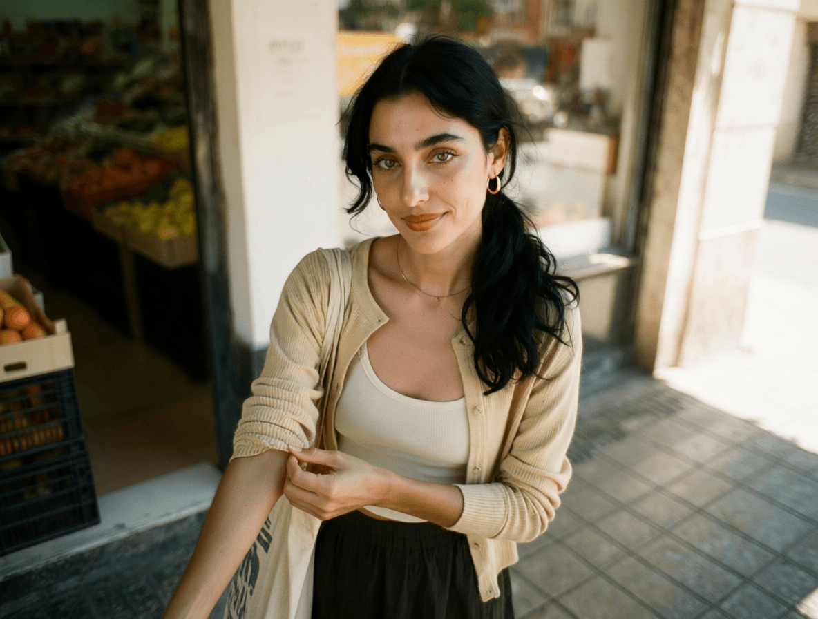 Emma-Jane MacKinnon-Lee — natural light portrait, wavy black hair and olive skin Emma-Jane MacKinnon-Lee — natural light portrait, wavy black hair and olive skin